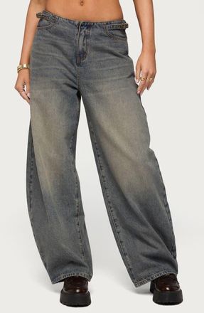 Edikted Buckle Tab Low Rise Barrel Leg Jeans in Blue-Vintage-Washed at Nordstrom, Size X-Small