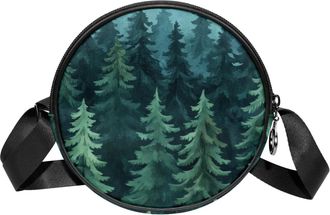 Generic Circle Crossbody Bag for Women, Green Deep Forest and Trees Small Sling Bag Daypack with Zipper Adjustable Shoulder Straps Casual Ladies Girls Round P