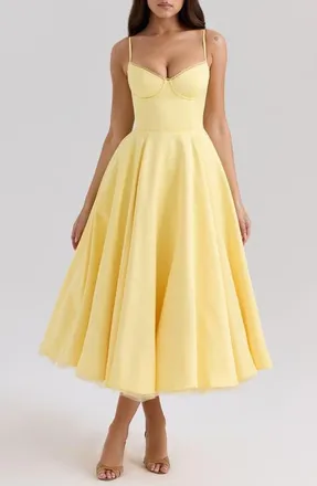 House of CB Mademoiselle Bustier Stretch Satin Midi Cocktail Dress in Sunshine at Nordstrom, Size X-Large