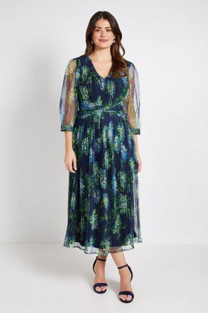 Wallis Womens Mesh Pleated Twist Waist Midi Dress - Navy - Size 14 UK