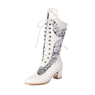 Generic Womens Mid Calf Boots for Spring and Summer 2025 Sequined Cool Boots European American Style Large Size Thick Heel(White, 5.5)