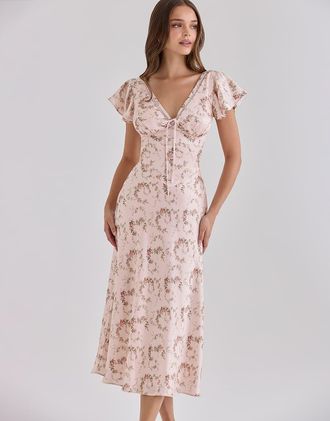 House of CB Raye - Vestito da giorno midi in raso con stampa di rose vintage e scollo a V-Rosa