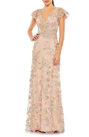 Mac Duggal Embroidered Applique Wrap Over Flutter Sleeve Gown in Rose Gold at Nordstrom, Size 14