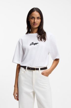 Boss Orange by Hugo Boss T-Shirt BOSS ORANGE Eregular Premium Damenmode, Damen, Gr. XL, wei&szlig; 100, Single Jersey, Obermaterial: 100% Baumwolle, unifarben, relaxed fit h&uuml;ftbedec