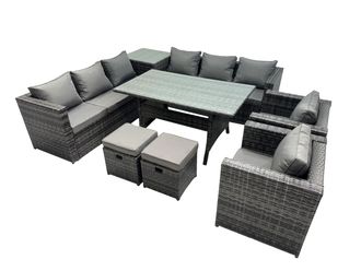 Fimous Garden Rattan Furniture Set 10 Seater with Side Table 2 Small Stool in Dark Grey