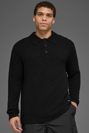 Alo | Textured Knit Long Sleeve Polo Top in Black, Size: Medium