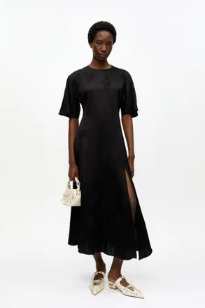 Ganni Black Fluid Satin Jacquard Slit Dress - Size 10/12 Acetate