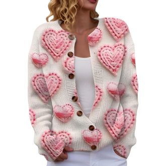 Generic Womens Valentine Heart Pattern Knitted Cardigan, Button-Up Casual Sweater, S-XXL Sizes, Multiple Designs Available, Womens Cardigan Jacket