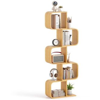 Costway Libreria a 5 Cubi Forma di S, Libreria Bassa Scaffale in Bamboo, Libreria Design Moderna Salvaspazio Piccola da Terra, per Soggiorno, Studio