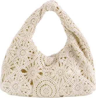 Generic Hollow Woven Beach Shoulder Bags for Women Lace Armpit Purses for Summer (Beige)