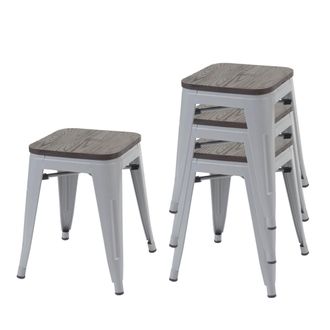 Hhg Hhg - Nunca Usado] Juego De 4 Taburetes 771 Incl. Asiento De Madera, Taburete De Metal Asiento Taburete, Metal Dise&ntilde;o Industrial Apilable, Gris