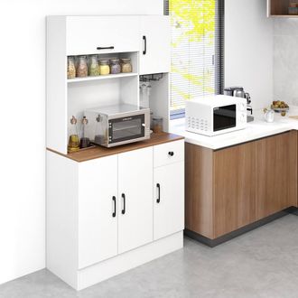 Costway Costway 167cm Tall Pantry Cabinet w/Hutch Wooden Kitchen Buffet Cupboard in White