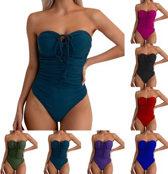 Generic Swimming Costumes for Women UK Summer Waist Ruched Sexy Pleated Swimsuits with Front Tie Two Wear Halterneck Solid Color Bikini Swimming Costume Vinta