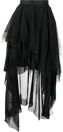 Shiatzy Chen Genisis asymmetric tulle-ruffle skirt - women - Mulberry Silk - 38 - Black