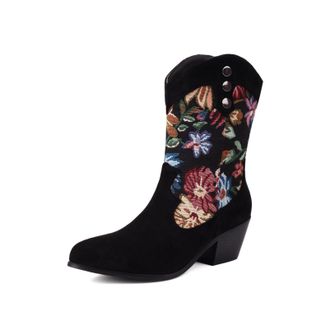 Generic Womens Western Mid-Calf Boots Suede-Like Floral Embroidery Metal Snap Buttons Pointed Toe Block Heels Stylish Durable Comfortable Design,Black,6.5 UK