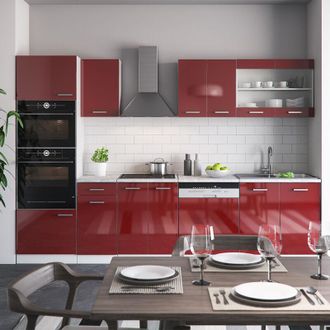 Vicco Mueble De Cocina R-line, Burdeos Brillo Intenso/blanco, 300 Cm Con Armario Alto, Sin Encimera