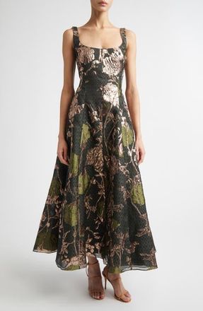 Lela Rose Olivia Floral Metallic Fil Coup&eacute; Fit & Flare Dress in Cactus Multi at Nordstrom, Size 10