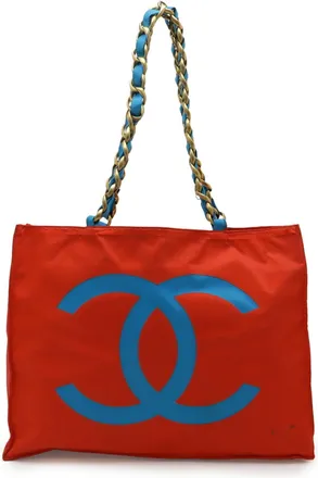 Chanel Blue Red Color Nylon Canvas Shoulder Bag Tote Bag (Pre-Owned)