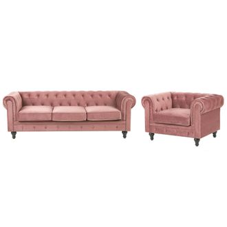 Beliani Conjunto De Sal&oacute;n Chesterfield Tapizado En Tela De Terciopelo Rosa Sof&aacute; 3 Plazas + Sill&oacute;n Patas De Madera Oscura Estilo Contempor&aacute;neo Chesterfield