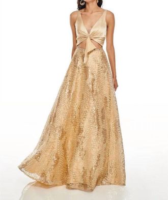 Rachel Allan Mid Cut-Out Metallic Embroidered Prom Gown In Gold