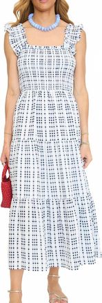 Blu Pepper Plaid Smocked Ruffle Strap Tiered Midi Dress In Navy