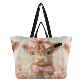 Generic Pink Roses Cow print Reusable Canvas Tote Bag, Heavy Duty Grocery Shopping Bag with Large Capacity Double Handles Hard Bottom Work Groceries Travel