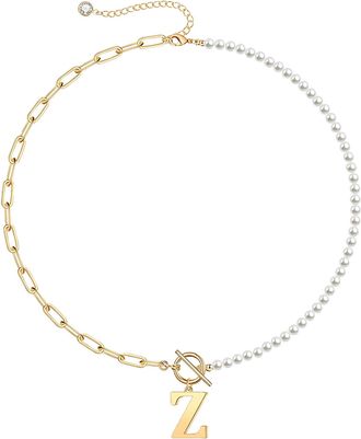 Rachel Glauber Rg 14K Gold Plated Initial Pearl Link Chain Necklace