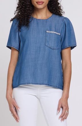 NYDJ Puff Sleeve Denim Shirt in Medium Indigo at Nordstrom, Size Xx-Small