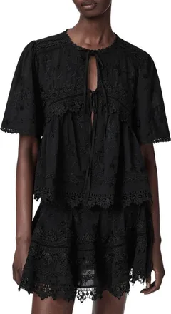 AllSaints Lillith Floral Embroidered Lace Trim Tie Front Top in Black at Nordstrom, Size 10