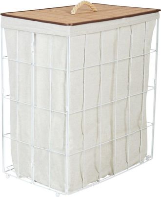 Beliani Cesta De Metal Moderna Para Ropa Sucia Con Tapa Extra&iacute;ble De Bamb&uacute; Blanco Y Madera Clara Mirissa