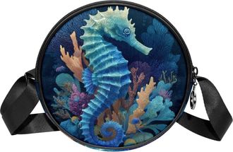 Generic Circle Crossbody Bag for Women, Seahorse Coral Small Sling Bag Daypack with Zipper Adjustable Shoulder Straps Casual Ladies Girls Round Purse