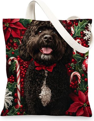 Generic Christmas Portuguese Water Dog Canvas Tote Bag for Shopping 13x15, Xmas Candy Poinsettia Puppy Reusable Grocery Print Bag for Women, Holiday Pet Beach