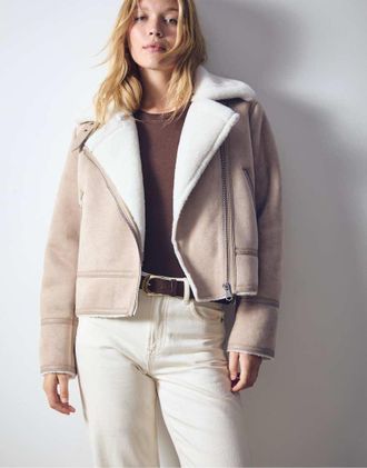 Stradivarius Giacca biker écru in camoscio sintetico-Bianco