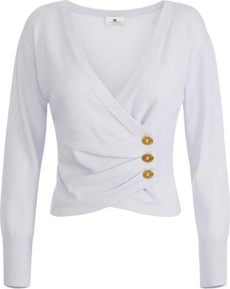 Elisabetta Franchi Cashmere blend trui met juweelknopen - Dames - V-hals truien - Wit - M - Wol - Truien & Vesten