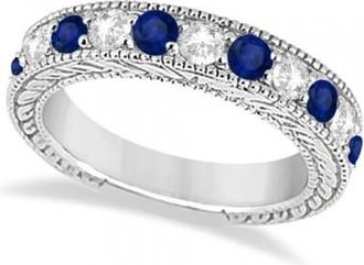 Allurez Antique Diamond & Sapphire Wedding Ring Band 14k White Gold (1.46ct)