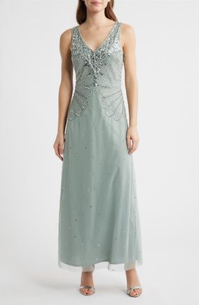 Pisarro Nights Beaded Sleeveless Chiffon Dress in Sage at Nordstrom, Size 14