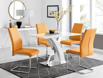 Furniturebox Atlanta White High Gloss & Chrome 4 Seater Dining Table with X Shaped Legs & 4 Faux Leather Lorenzo Chairs in Mustard