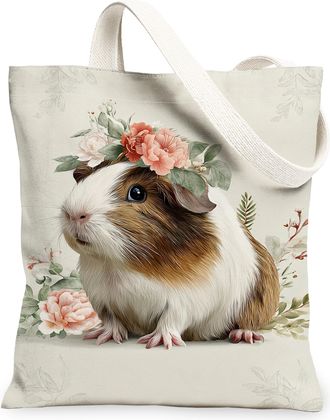 Generic Guinea Pigs Floral Canvas Tote Bag, Cute Animal Flower Design Reusable Grocery Bags, Spring Vintage Lightweight Washable Ca, Beige, 13x15 Inch