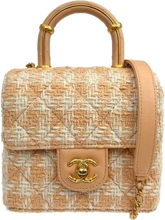 Chanel Crush Top Handle Flap Quilted Tweed Orange Tweed Handbag (Pre-Owned)