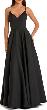 Mac Duggal Petite V-Neck Ball Gown with Belted A-Line Skirt in Black at Nordstrom, Size 6P
