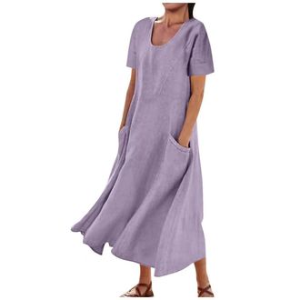Generic Summer Linen Maxi Dress for Women 2026 Casual Short Sleeve Cotton Long Dresses Loose Ruffle Flowy Dress with Pockets