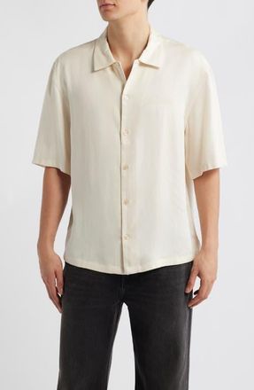 AllSaints Circe Logo Graphic Oversize Short Sleeve Button-Up Shirt in Brittle White at Nordstrom, Size Xx-Large