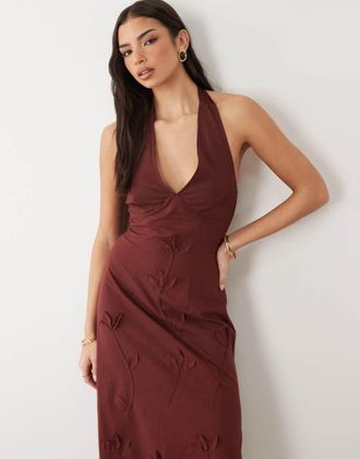 Asos Prendisole midi allacciato al collo in chiffon color cioccolato con bustino sagomato-Marrone