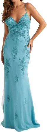 Faviana Sheath Satin Gown In Light Blue