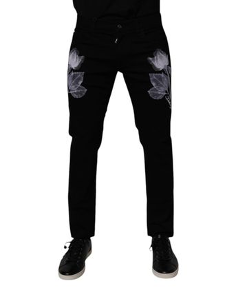 Dolce & Gabbana Black Floral Cotton Skinny Men Denim Jeans Elastane Clothing