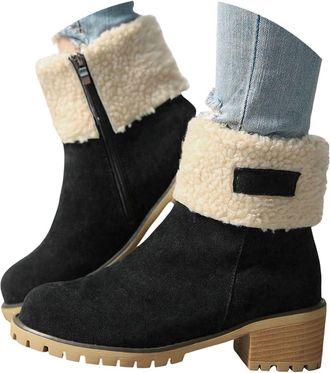 Generic 2025 Womens Winter Boots - Round Toe Snow Ankle Fur Lined Booties with Side Zipper & Chunky Heel - Comfortable Suede(Black,7.5)