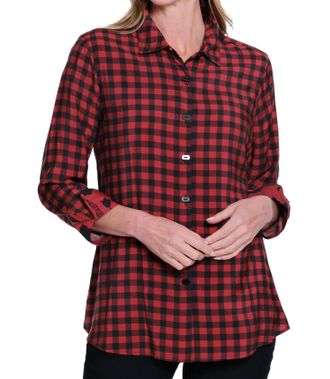 Multiples Turn-Up Cuff 3/4 Sleeve Button Front Woven Shirt In Red Multi