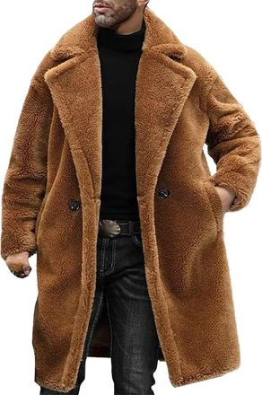 Generic Mens Faux Fur Jacket Winter Overcoat Long Sleeve Warm Outwear Solid Color Coats Plus Size Jackets Turn Collar Fluffy Cardigan Long Coat for Outdoor At