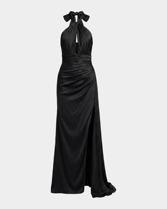 Mac Duggal Satin Side-Slit Halter Gown