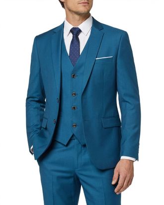 Mys Mens 3 Piece Slim Fit Suit Set with Tie, 2 Button Blazer Jacket Vest & Pants, Business Wedding Party Prom Suit for Men, Light Blue, XXL